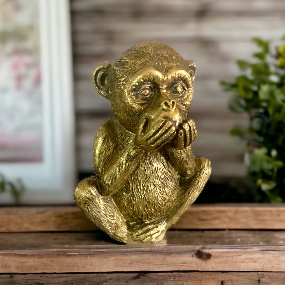 🚩SOLD🚩 Speak No Evil - Golden Tone Resin Monkey 5.5” Tall - Picture 1 of 8